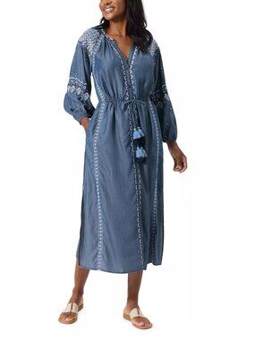 188$ Tommy Bahama Chambray Embroidered Dress Swim Cover-Up Size M Nave